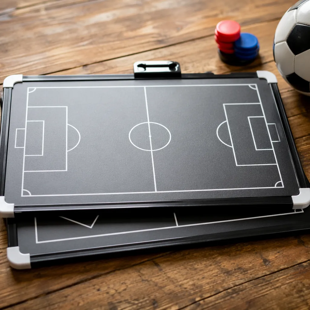 Close up of blank football match fixture boards on a wooden table, soft natural 