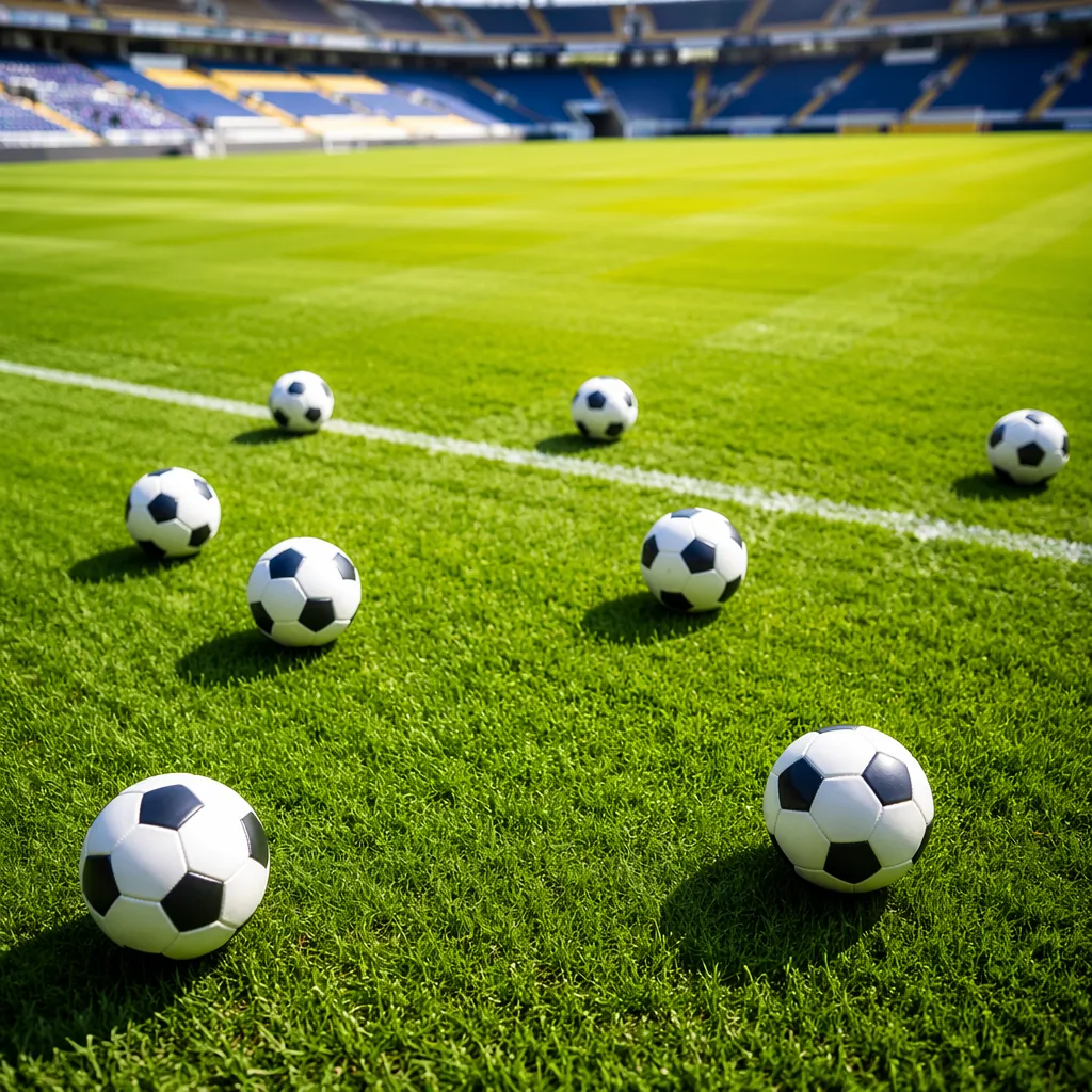 High angle shot of multiple footballs placed on a green training pitch, bright s