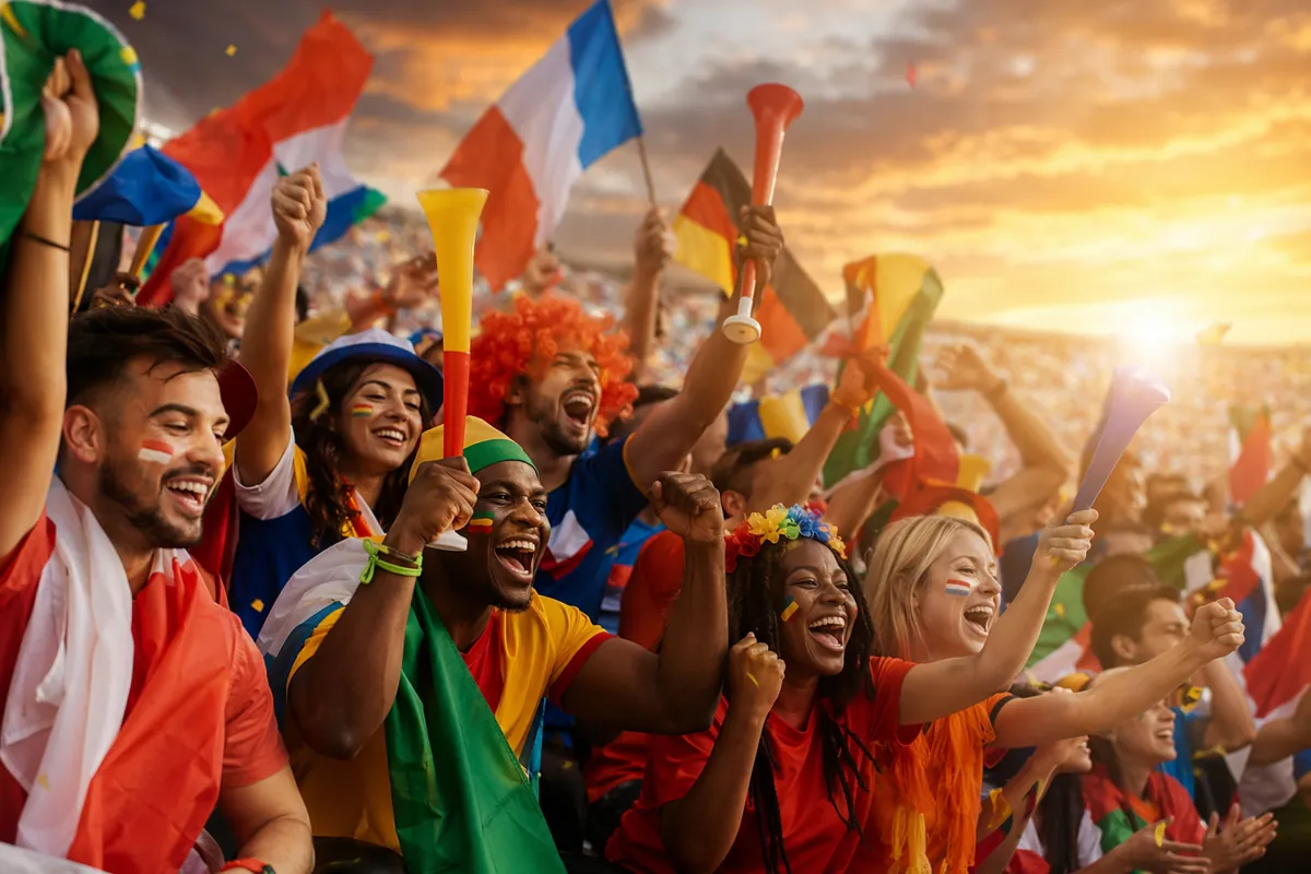 Vibrant wide shot of diverse football fans cheering together, holding generic national fla