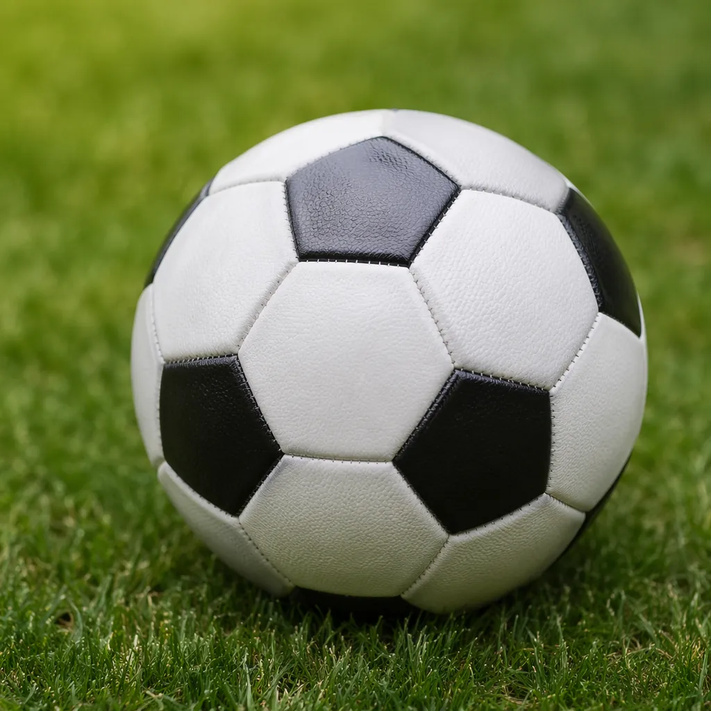 Close up shot of a generic unbranded football on green grass pitch, soft natural
