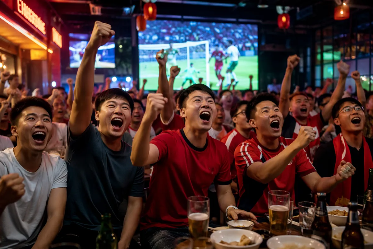 Vibrant wide shot of a crowded Chinese sports bar with excited fans watching a football ma