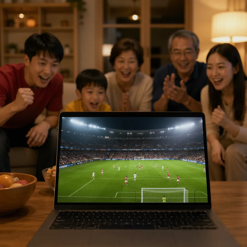 Close up shot of a laptop screen showing a football live stream interface, with