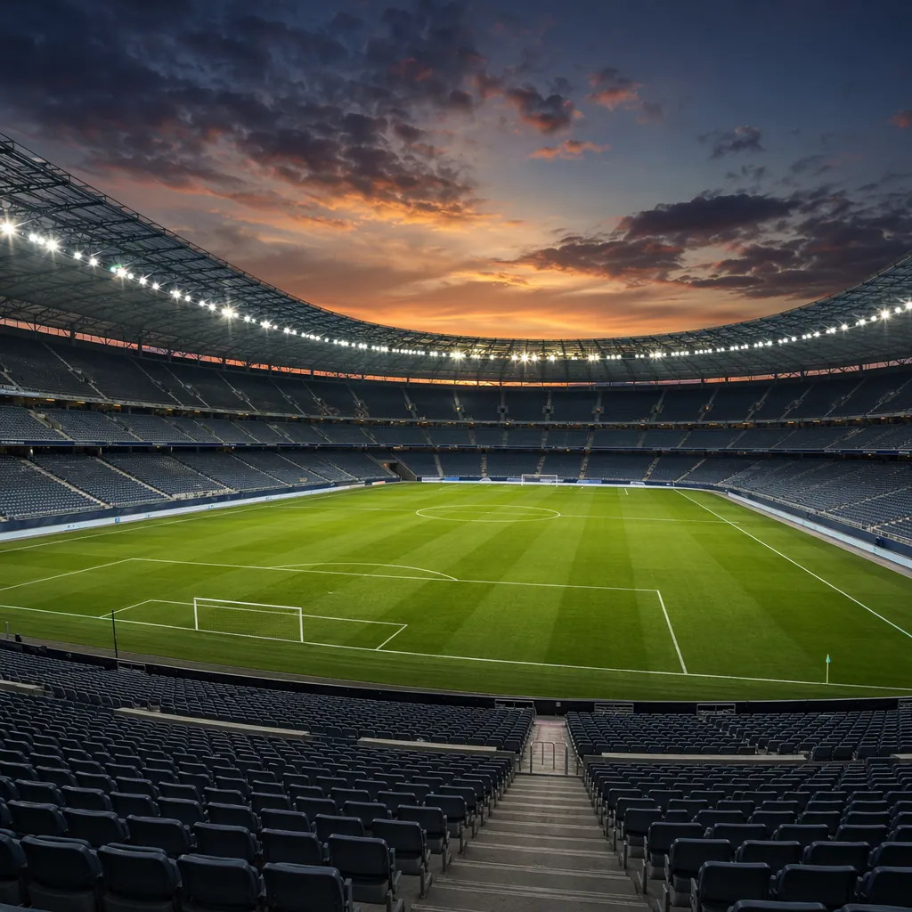 Wide shot of a modern football stadium at dusk, with bright floodlights, empty s