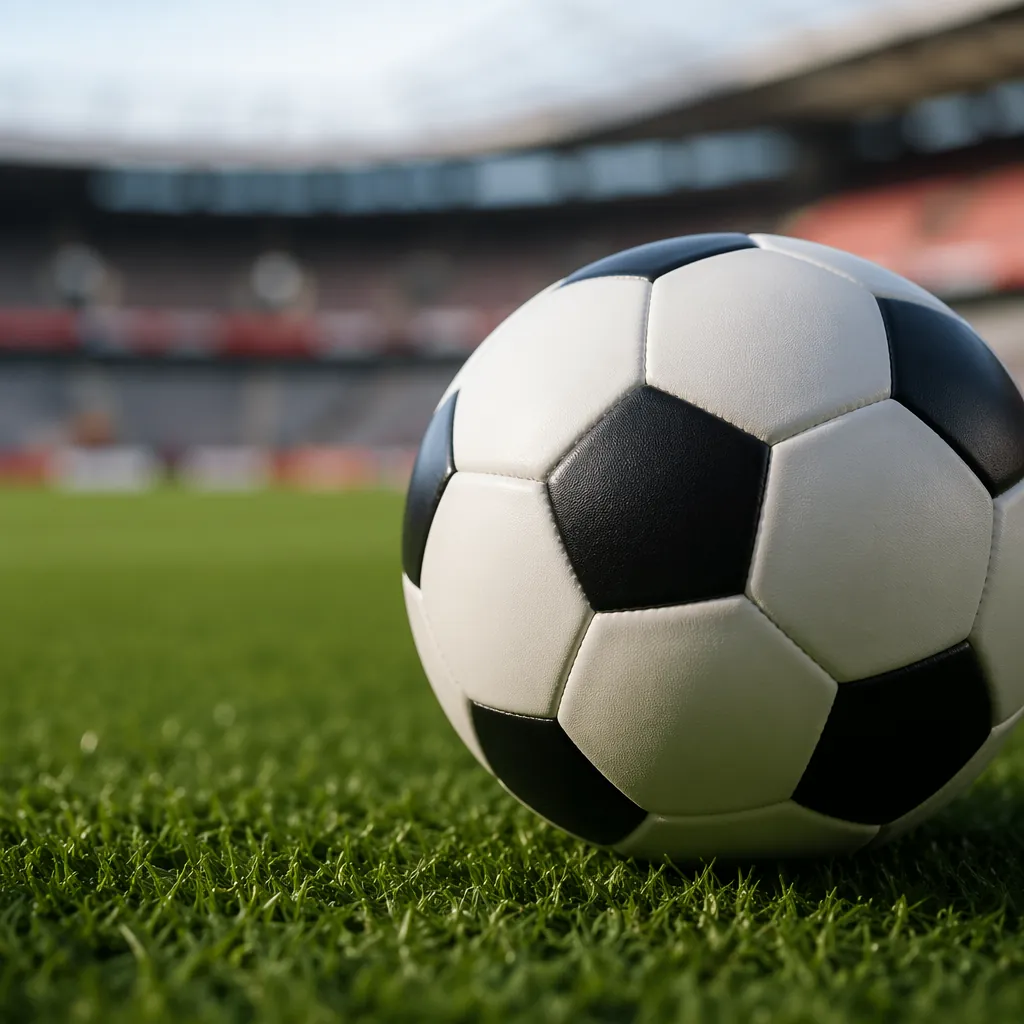 Close up shot of a football on a well-maintained green pitch, stadium blurred in
