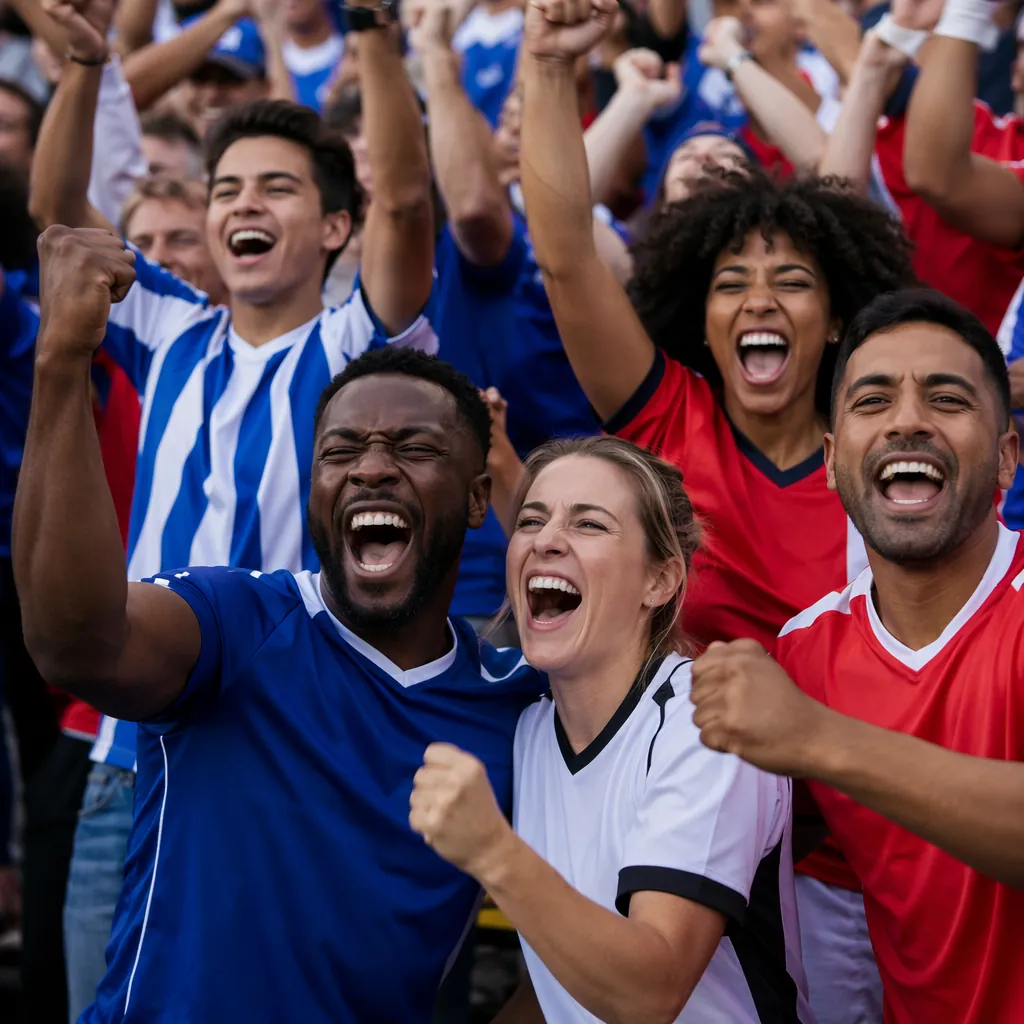 Shot of diverse football fans celebrating together, wearing generic football jer