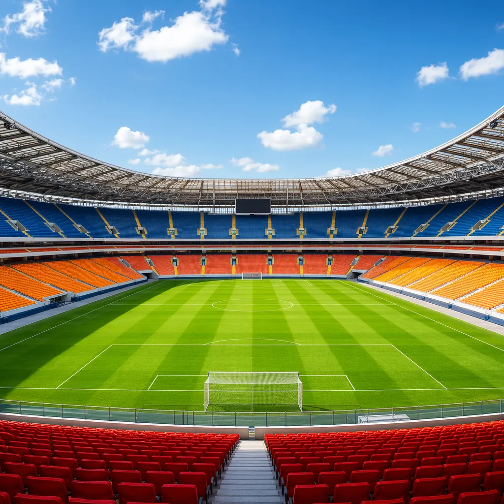 Panoramic view of a modern soccer stadium with green pitch, empty seats in brigh