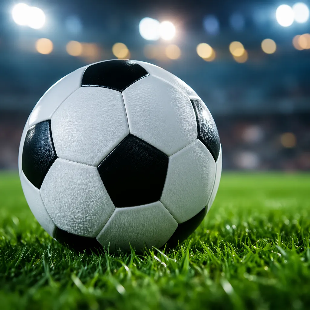 Close up of a generic soccer ball on green grass, soft bokeh background of stadi