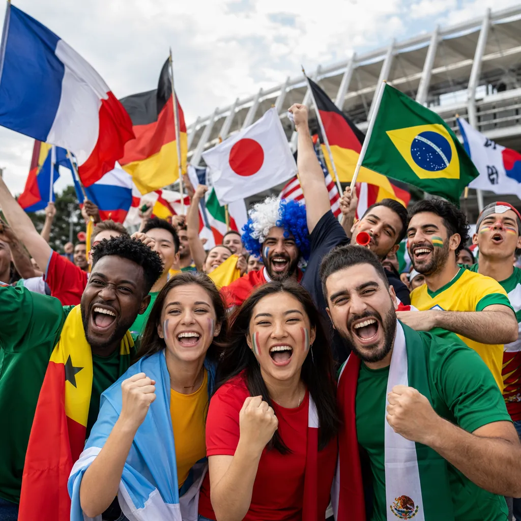 Crowd of diverse international football fans cheering outside a football stadium
