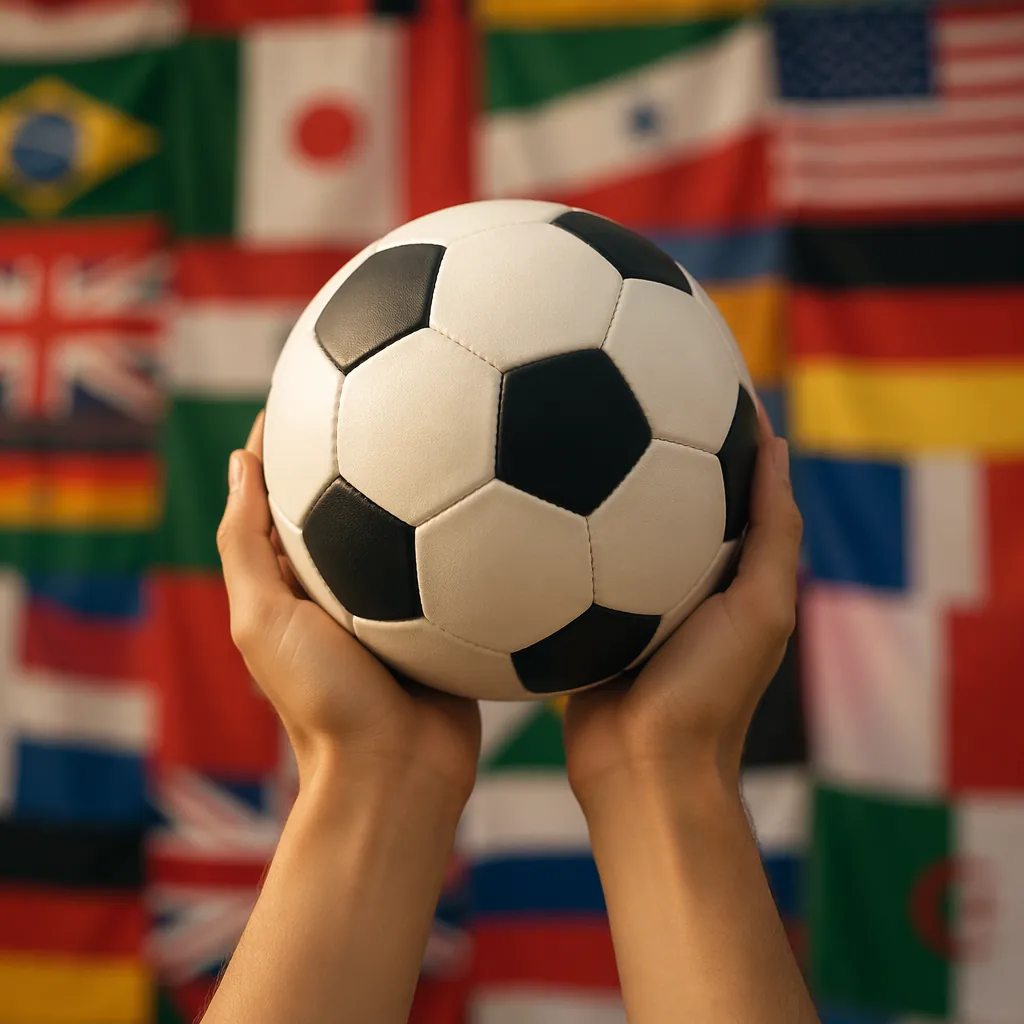 Generic unbranded soccer ball held in front of a backdrop of colorful national f