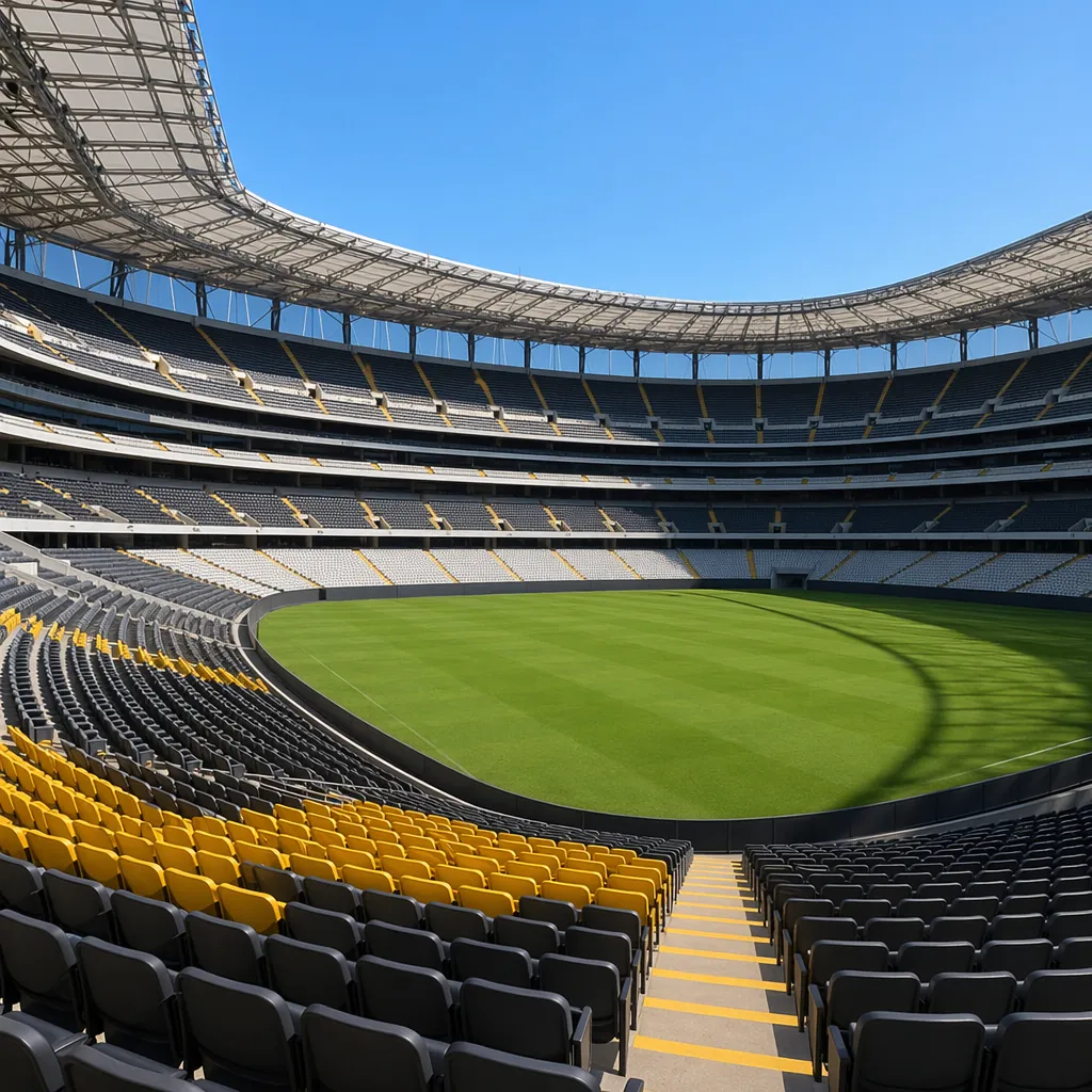 Interior view of Azteca Stadium's renovated spectator seats and green turf, sunn