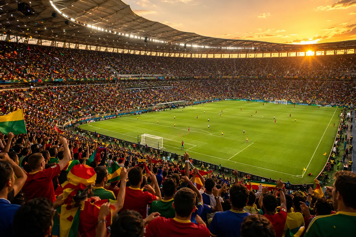 Wide shot of a modern football stadium at golden hour, stands packed with cheering fans we