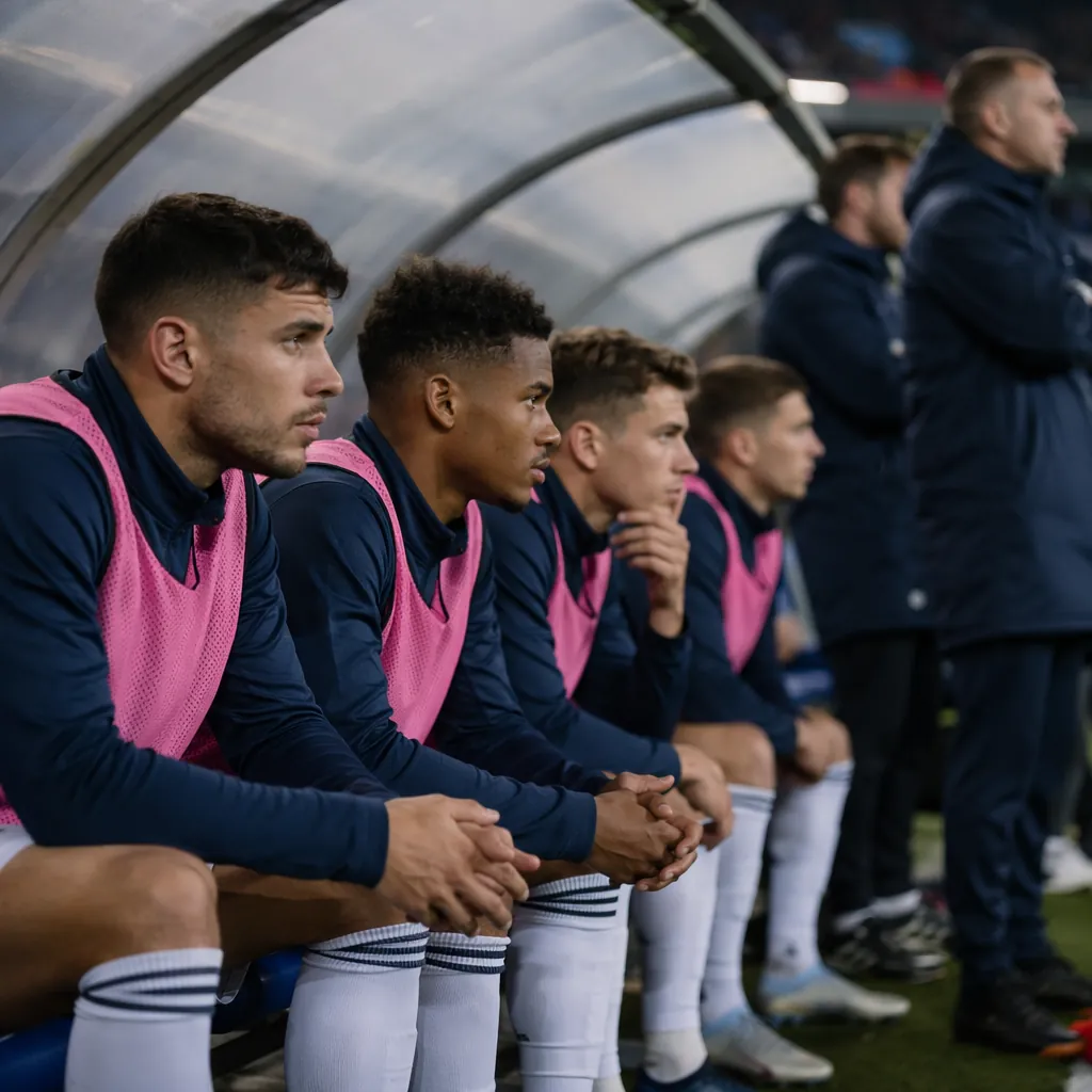 Close-up of a generic football squad bench on match day, players in unbranded ki