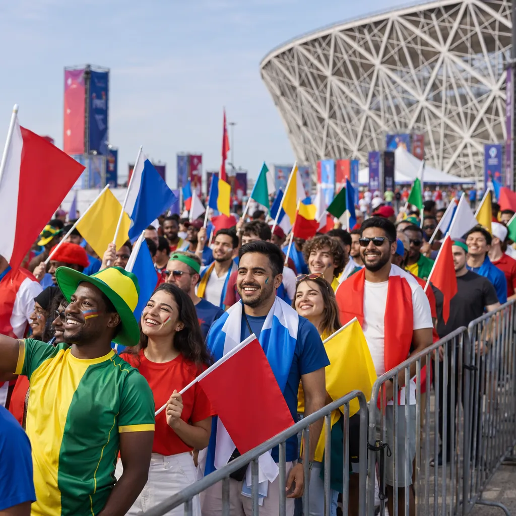 Wide shot of a fan zone outside a World Cup stadium, diverse fans holding small 