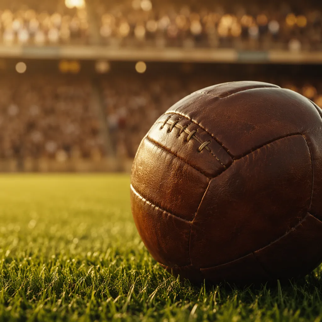 Close up shot of a traditional leather football resting on green pitch grass, bl