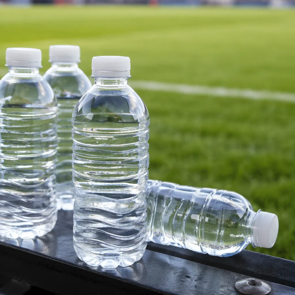 Close-up shot of unbranded clear water bottles placed on the edge of a football 