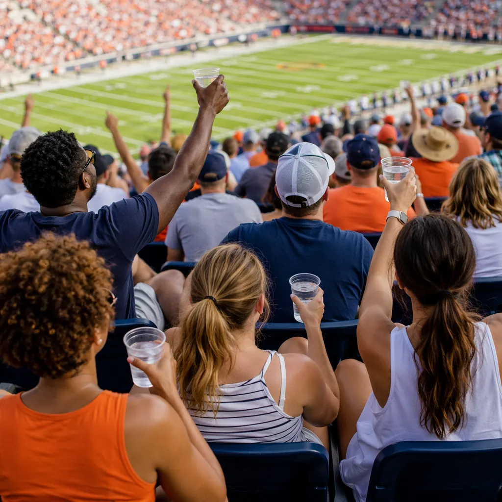 Wide shot of diverse football fans sitting in stadium stands, holding plain wate