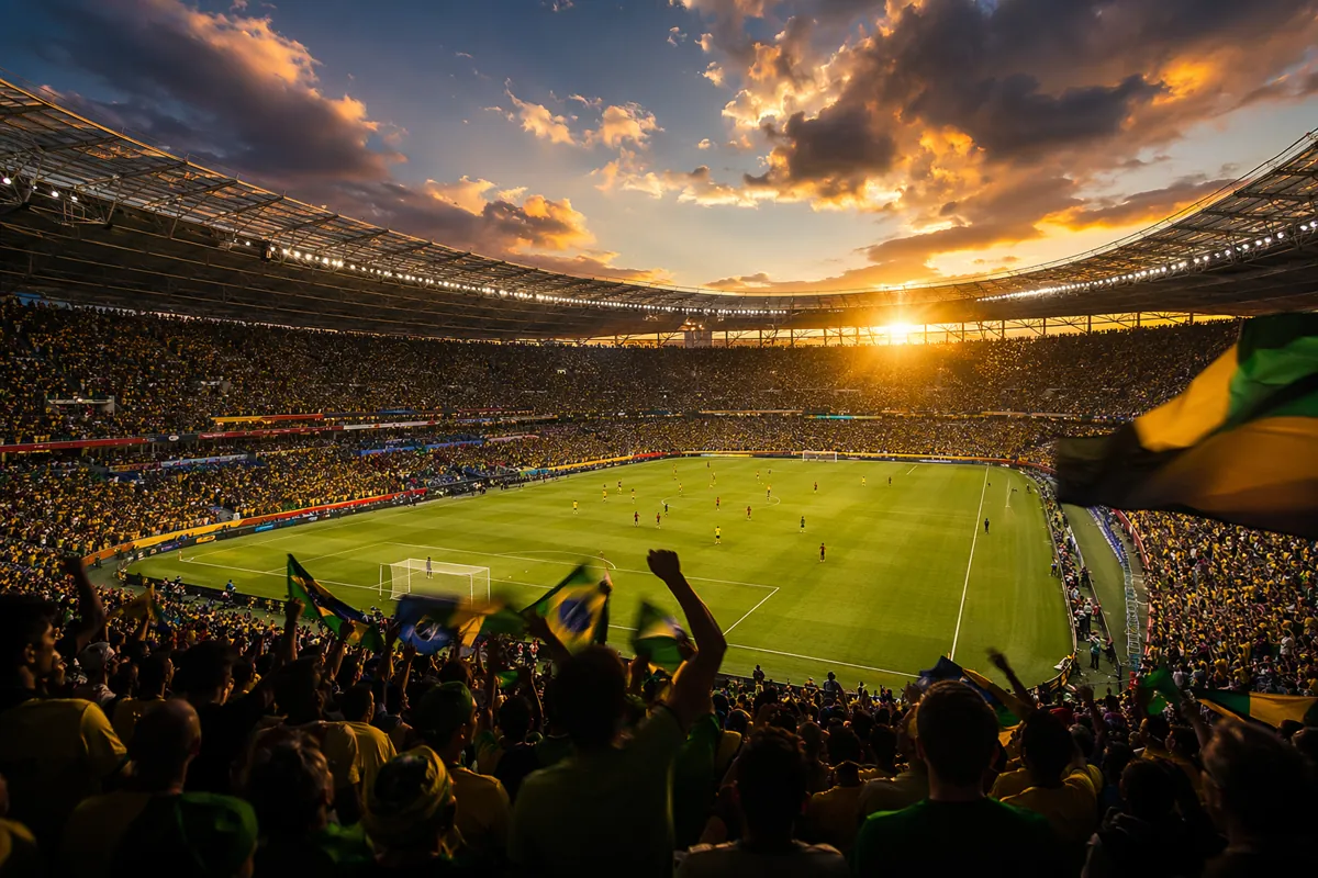 Wide shot of a professional soccer stadium at dusk, golden light shining on the green pitc