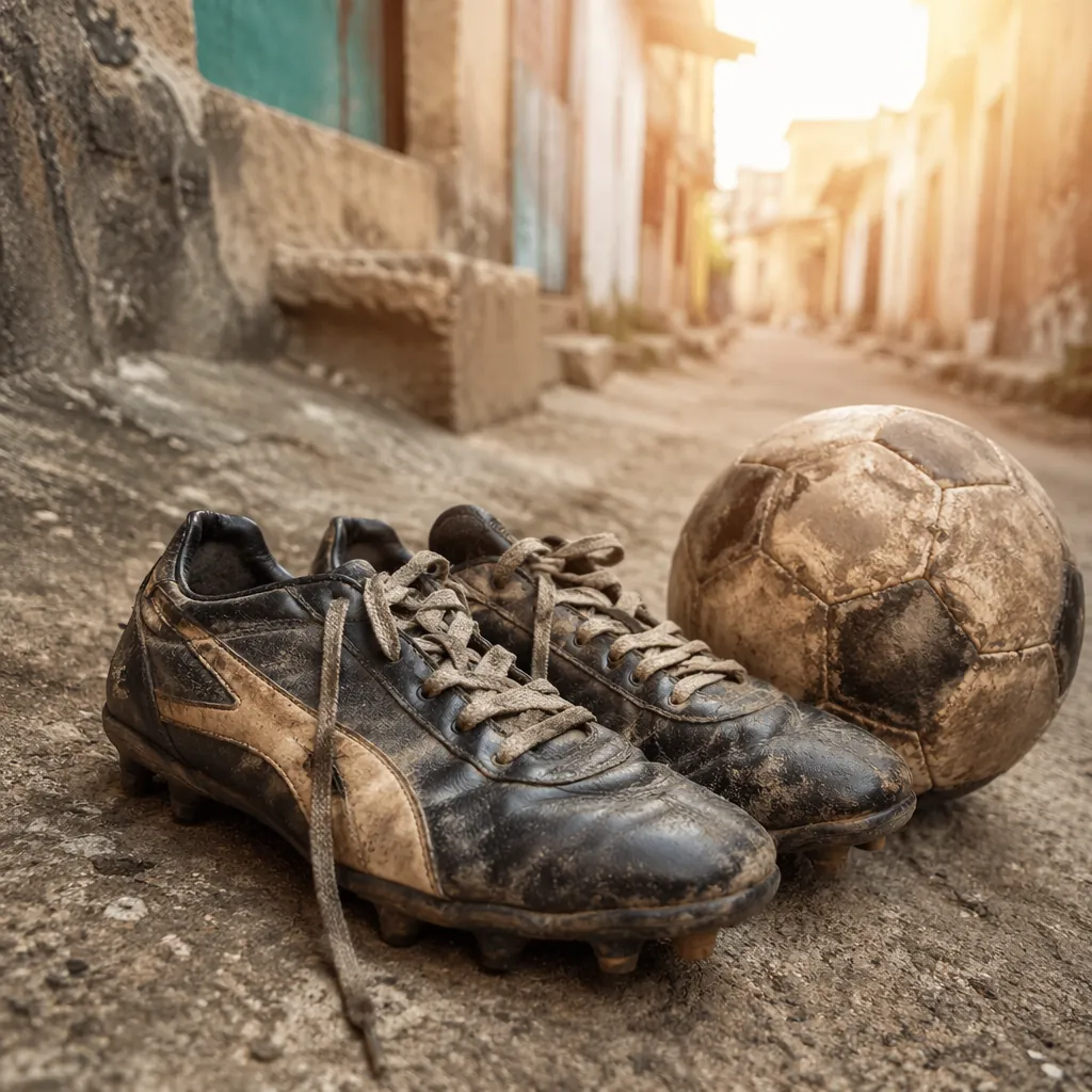 Close up shot of a pair of worn soccer cleats resting on a concrete street in a