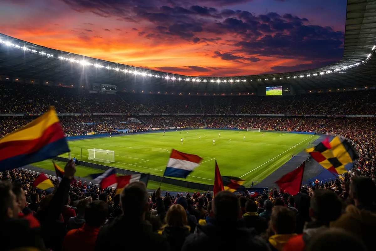 Wide shot of a generic modern football stadium at dusk, blurred crowd of fans holding colo