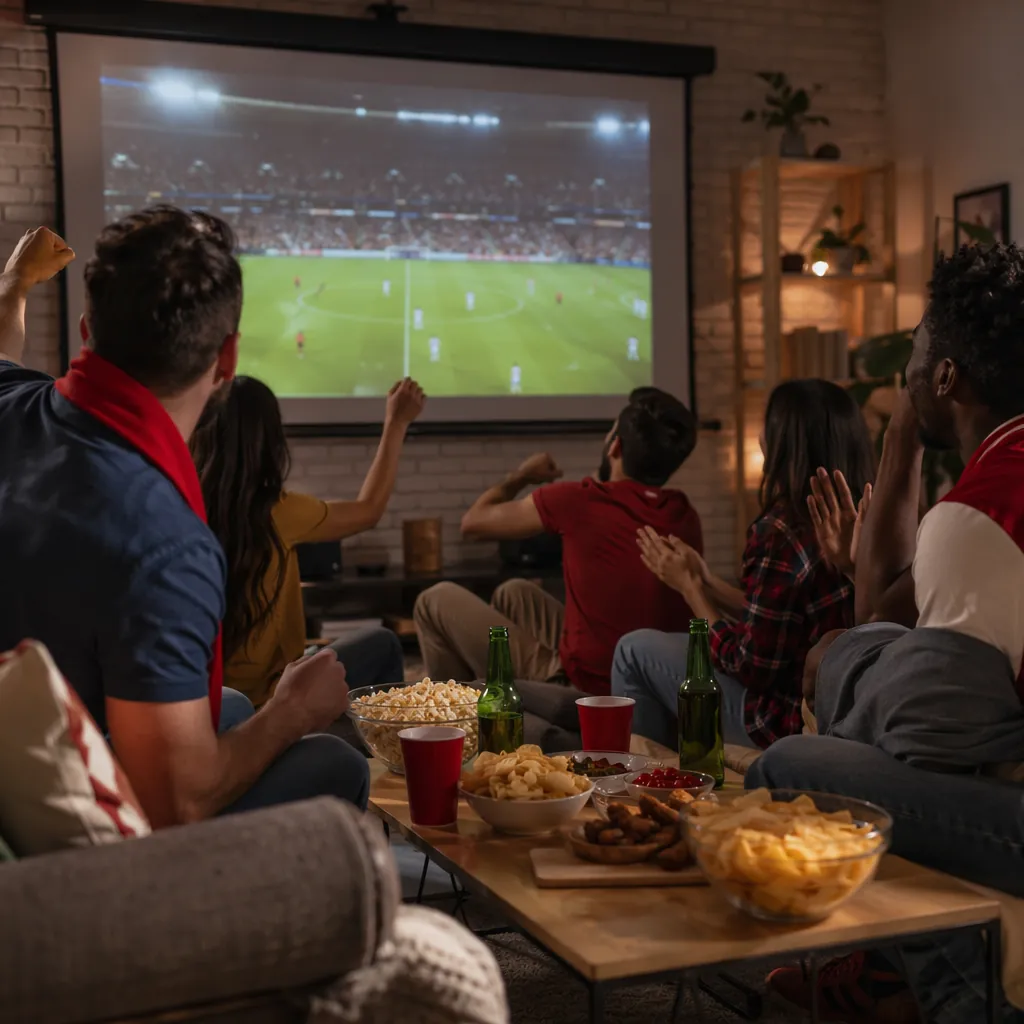 Medium shot of a group of fans watching a football match on a projector at home,