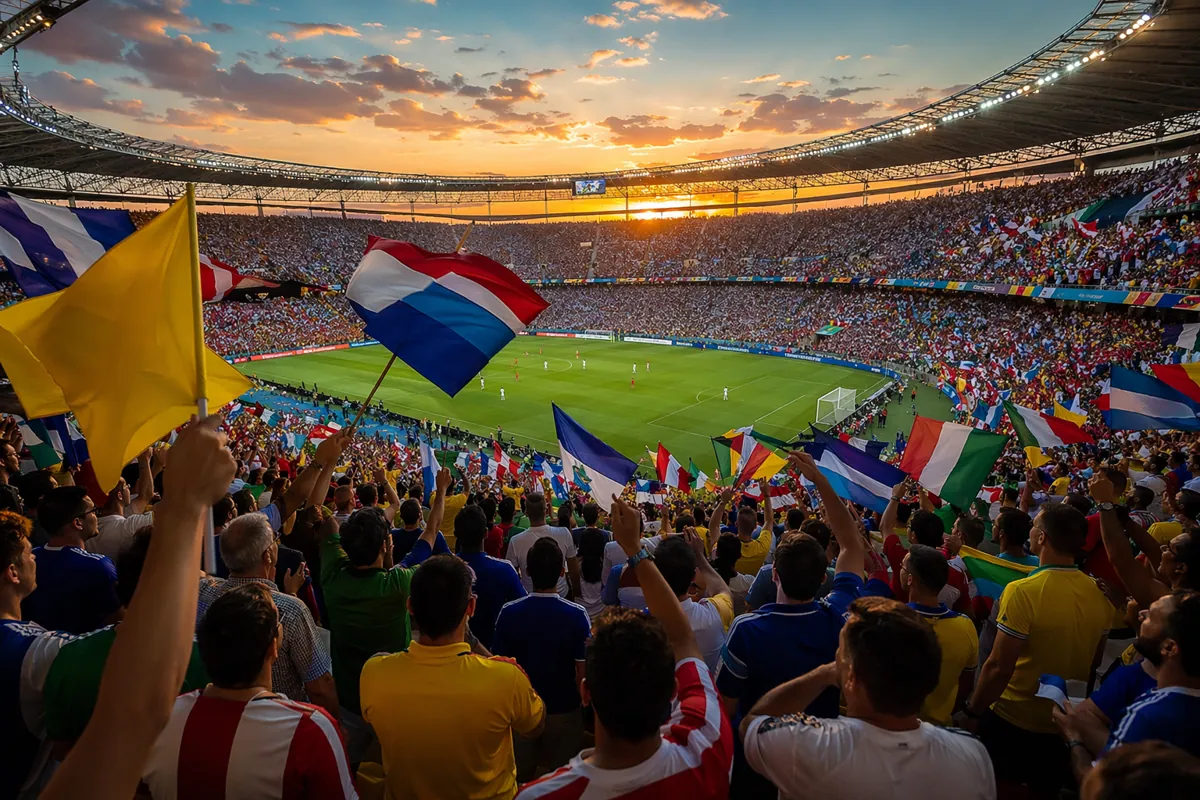 Wide shot of a crowded soccer stadium at dusk, colorful generic flags waving in the stands