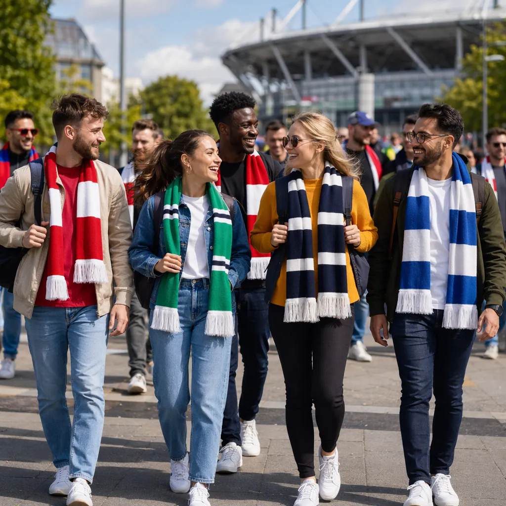Group of diverse happy fans walking on a city street near a soccer stadium, carr