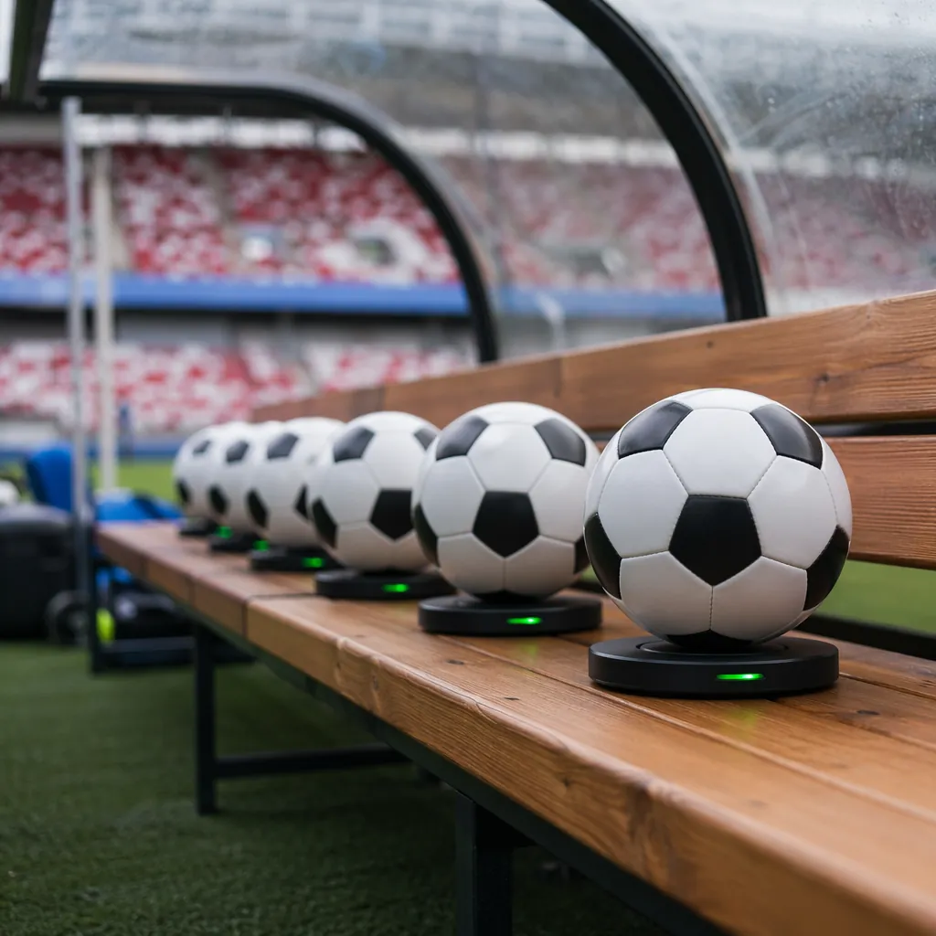 Wide shot of a soccer bench with multiple wireless charging pads holding generic