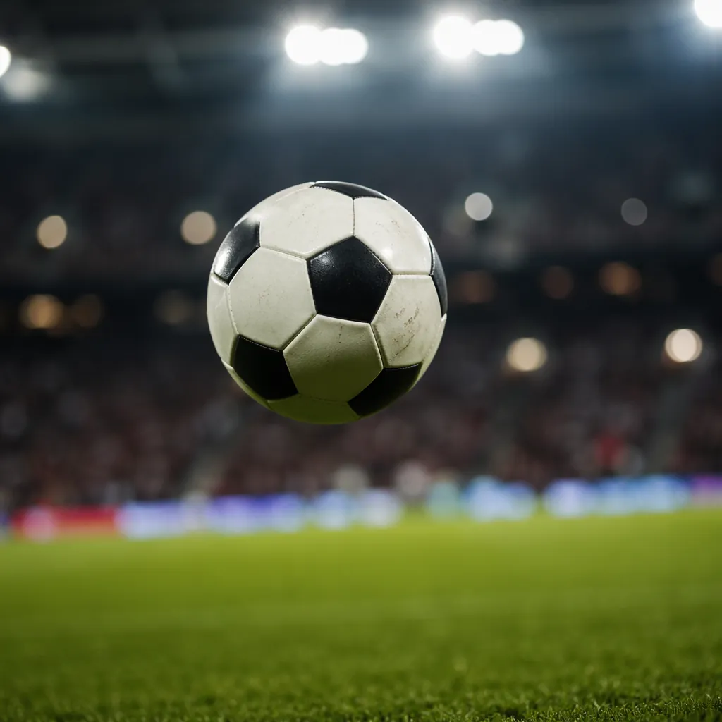 Generic soccer ball mid air during a professional match, green grass field below