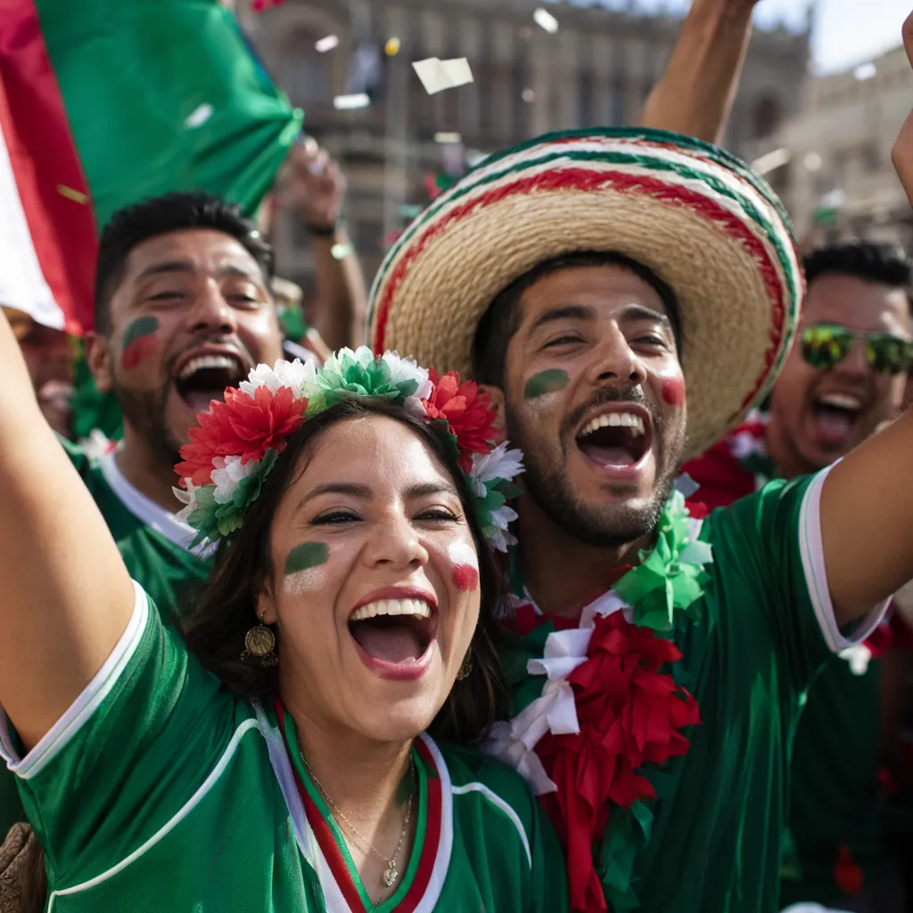 Close up of festive Mexican football fans wearing traditional team colors, cheer