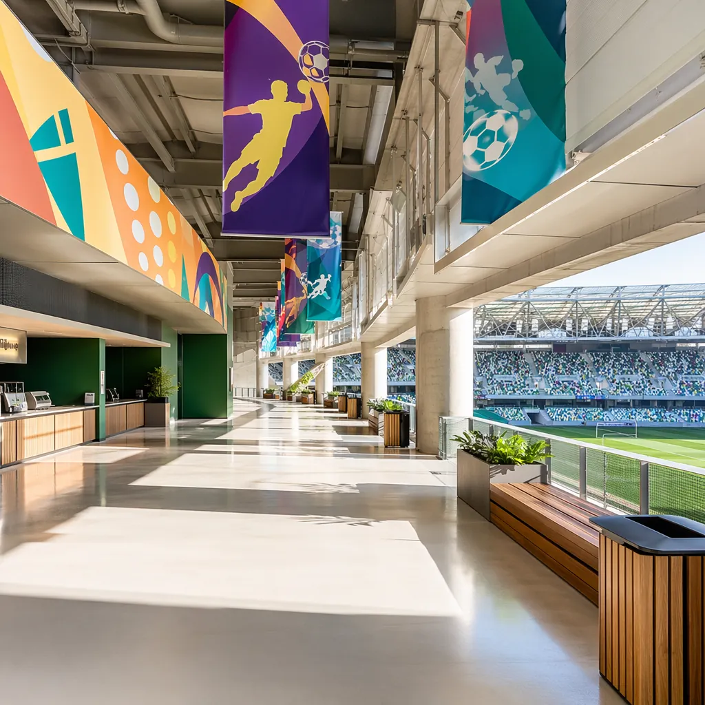 Interior view of modern renovated football stadium concourse, clean facilities, 