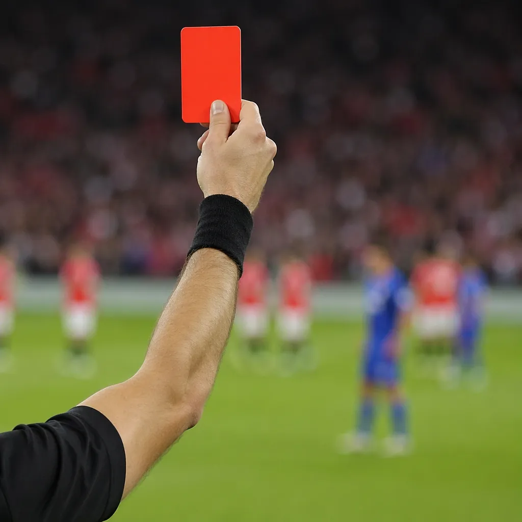 Close up shot of a referee holding up a red card on a green football pitch, blur