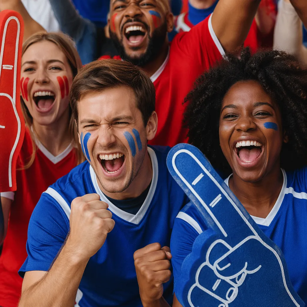 Close up of football fans cheering together, wearing generic football jerseys, h