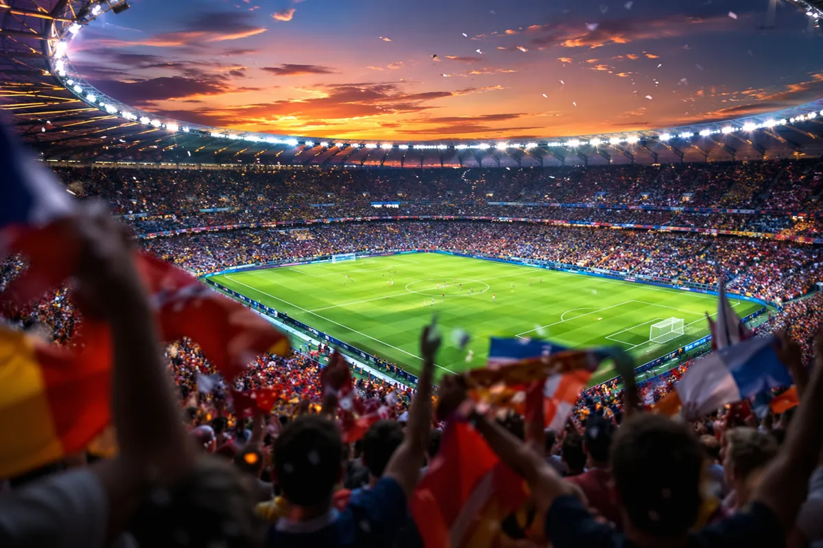 Wide shot of a vibrant World Cup stadium at dusk, with colorful stadium lights illuminatin