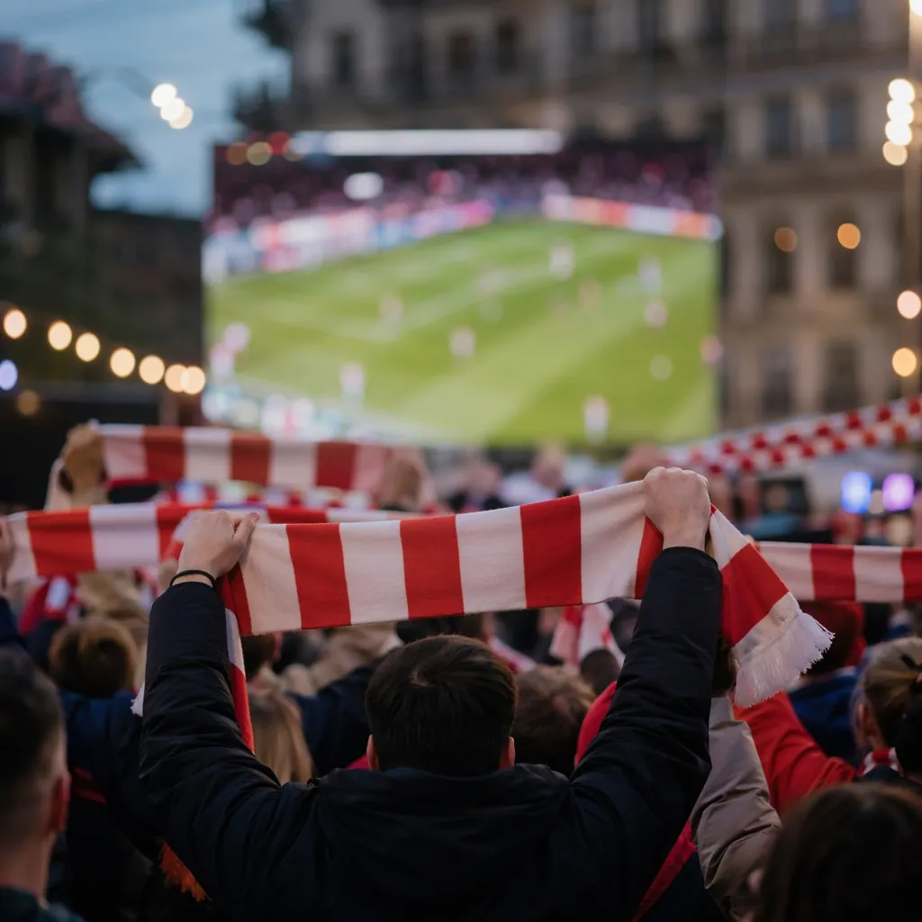 Blurred shot of fans watching a football match on a big screen in a public viewi