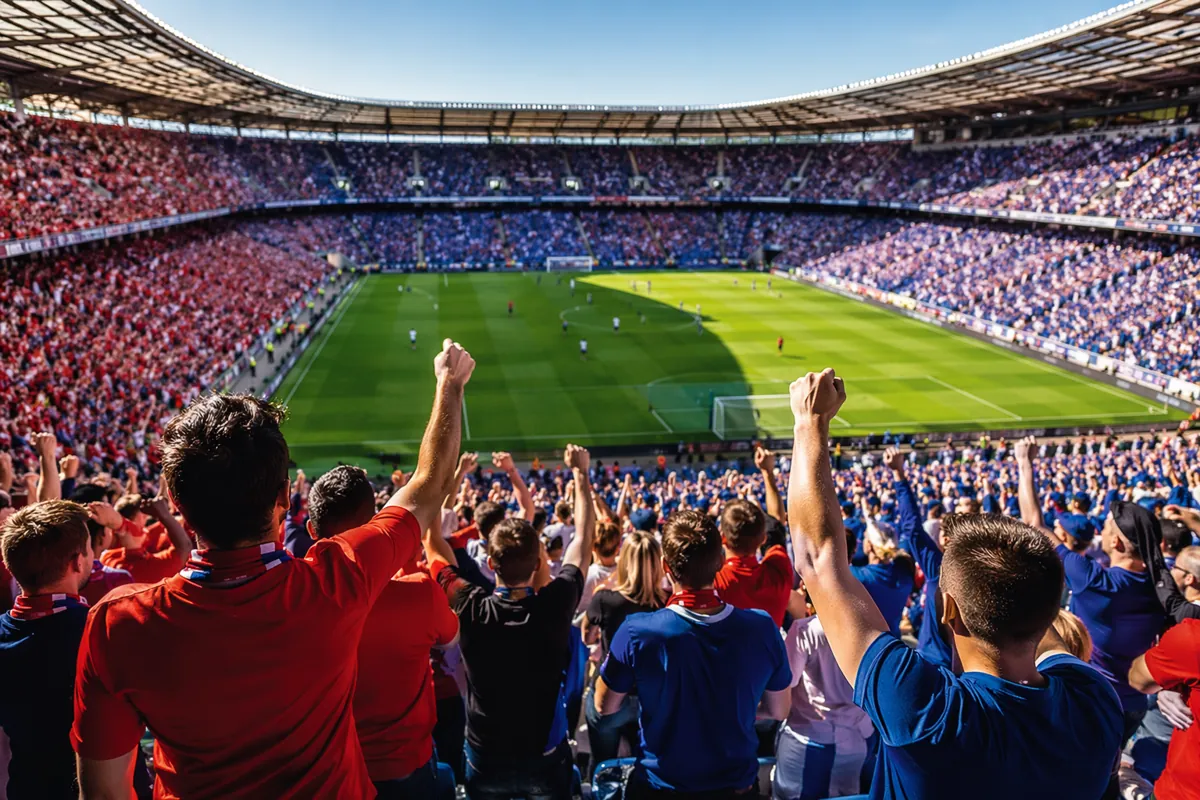 Wide shot of a sunlit professional football stadium with green pitch, blurred crowd of fan