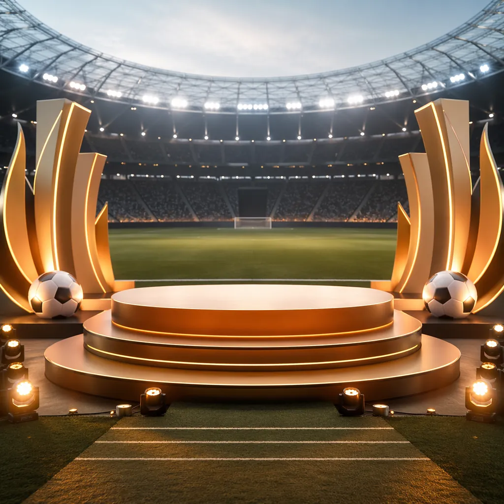 Brightly lit empty performance stage inside a modern football stadium, decorativ