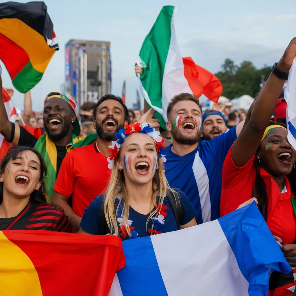 Diverse group of happy football fans singing together in an outdoor fan zone, ho