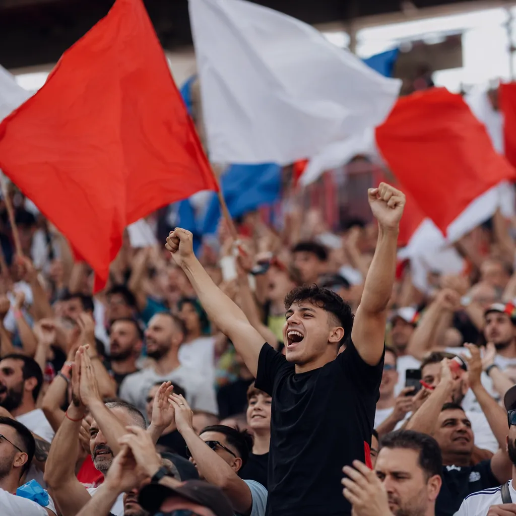 Crowd of generic football fans cheering in a stadium stand, colourful neutral fl