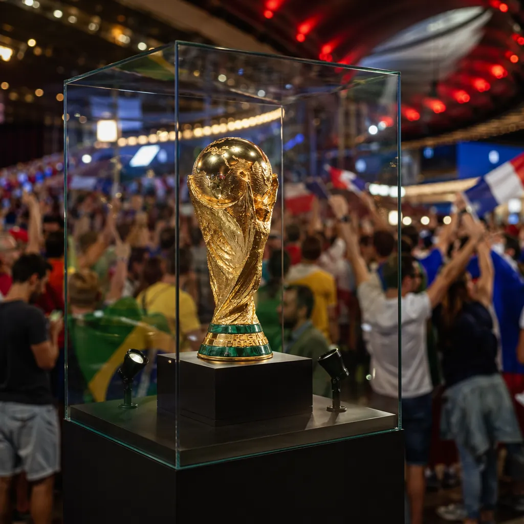 Wide shot of a World Cup trophy displayed in a glass case in a stadium lobby, bl