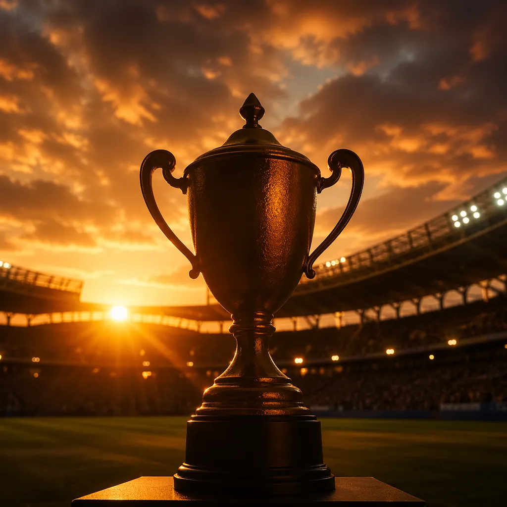 Golden trophy silhouette against the backdrop of a football stadium at sunset, s