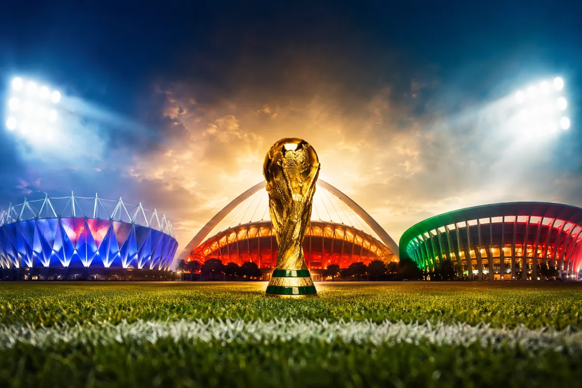 Wide shot of three stylized soccer stadium silhouettes representing USA, Canada and Mexico