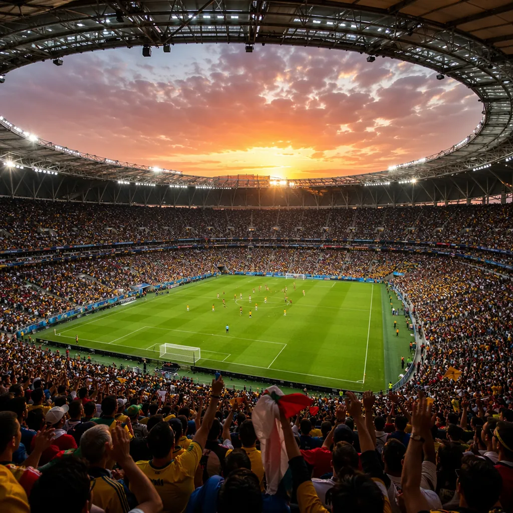 Wide shot of a packed modern soccer stadium during a World Cup match, fans cheer