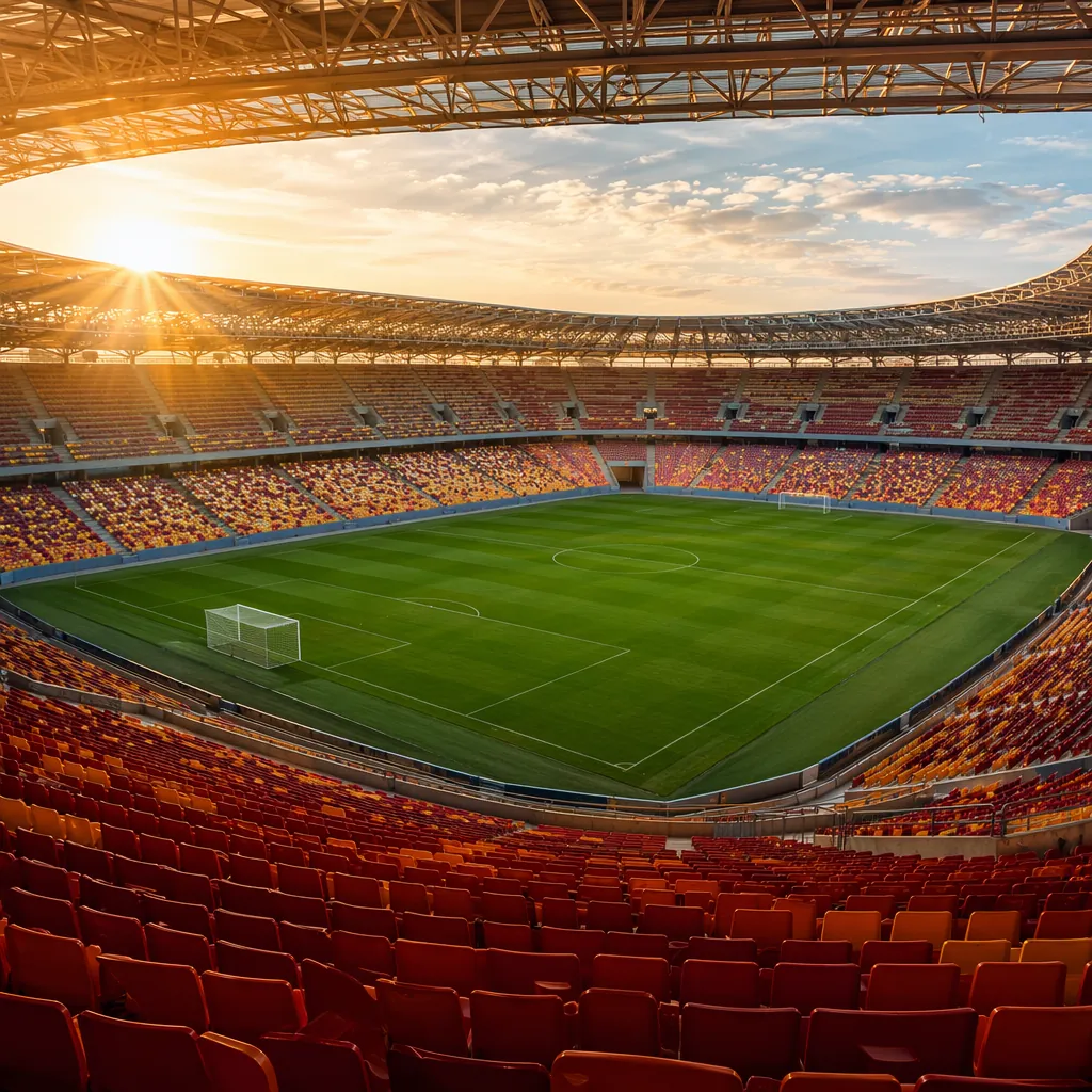 Empty modern world cup football stadium at golden hour, lush green pitch, colorf