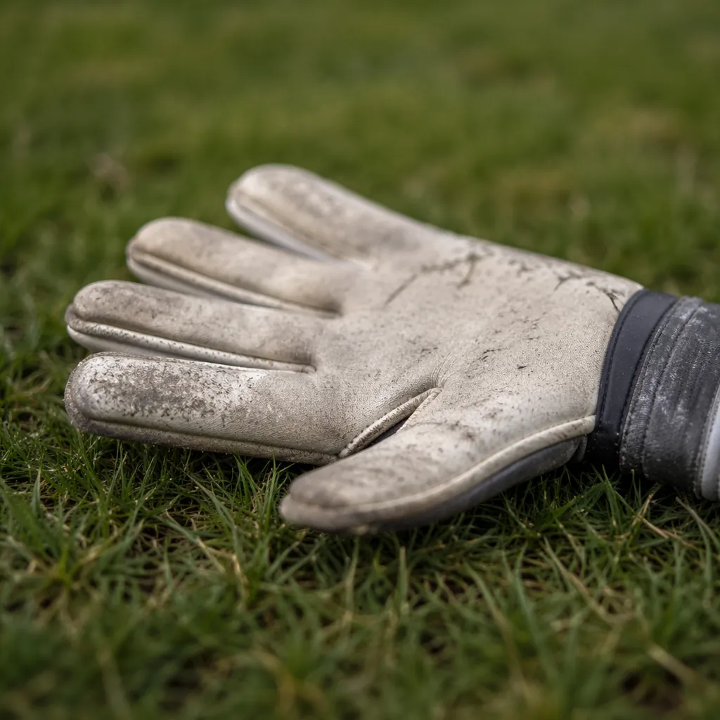 Close-up of a worn goalkeeper's glove resting on a grass football pitch, soft na