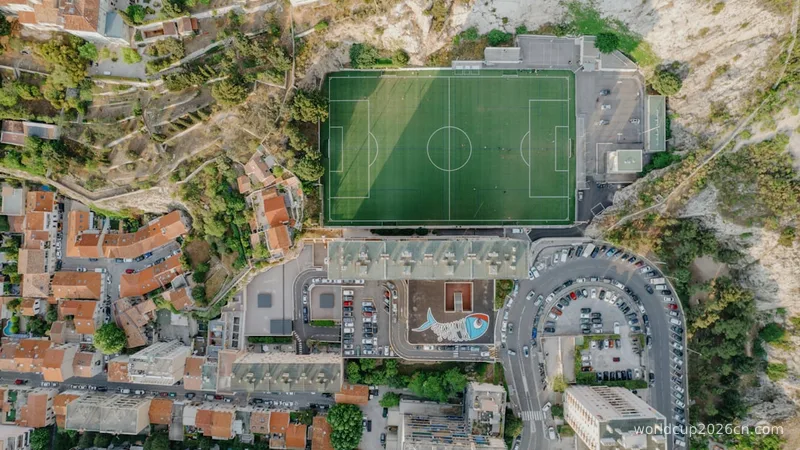 an aerial view of a soccer field in a city