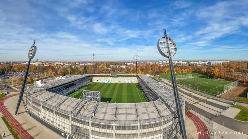 Aerial view of a football stadium on a sunny day
