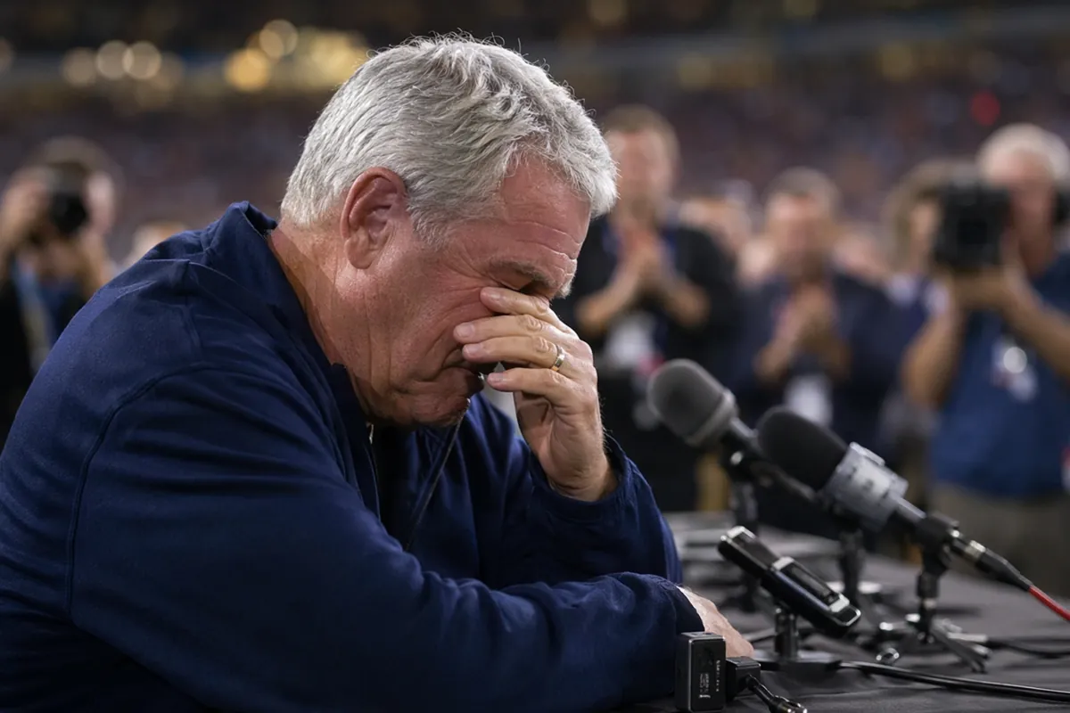 Emotional senior football coach standing at a press conference table, wiping tears with hi
