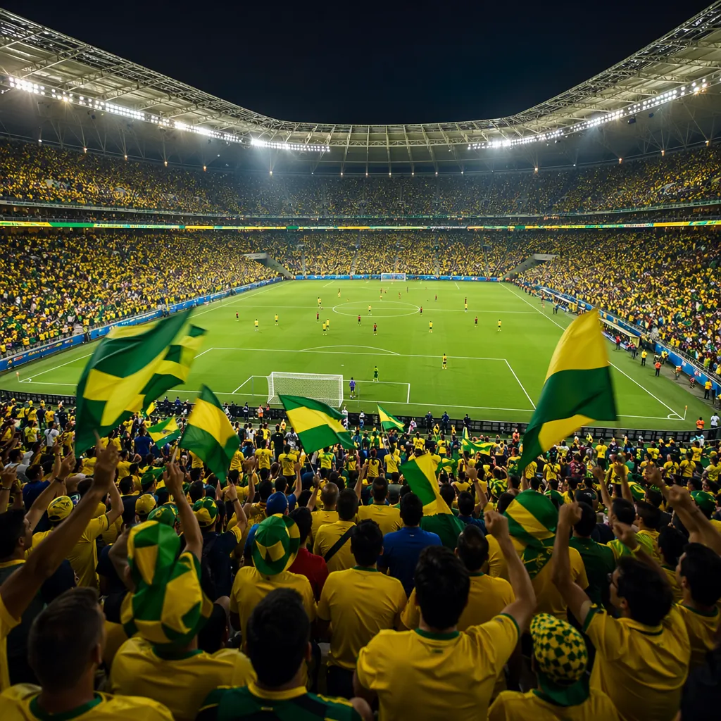Wide shot of a packed World Cup football stadium during a night match, yellow an