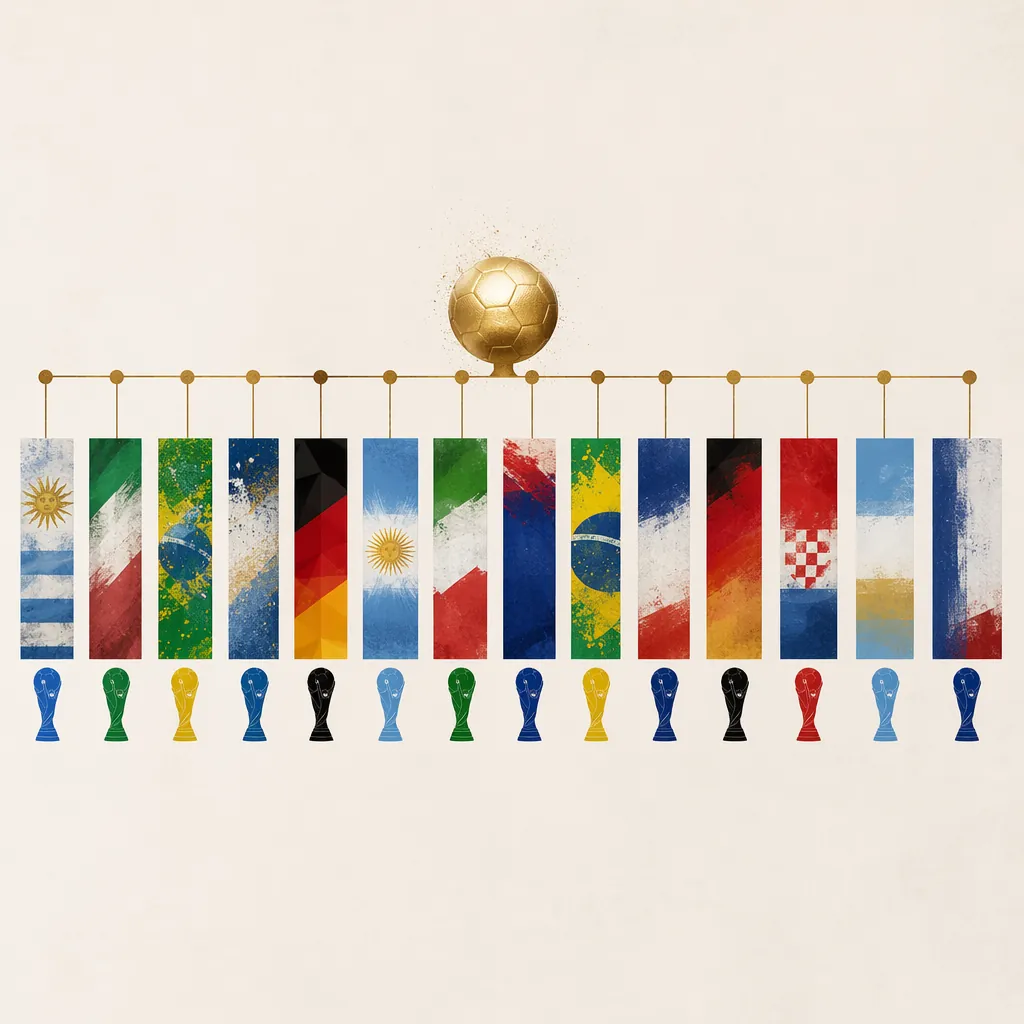 A minimalist timeline design with abstract color blocks representing each World 