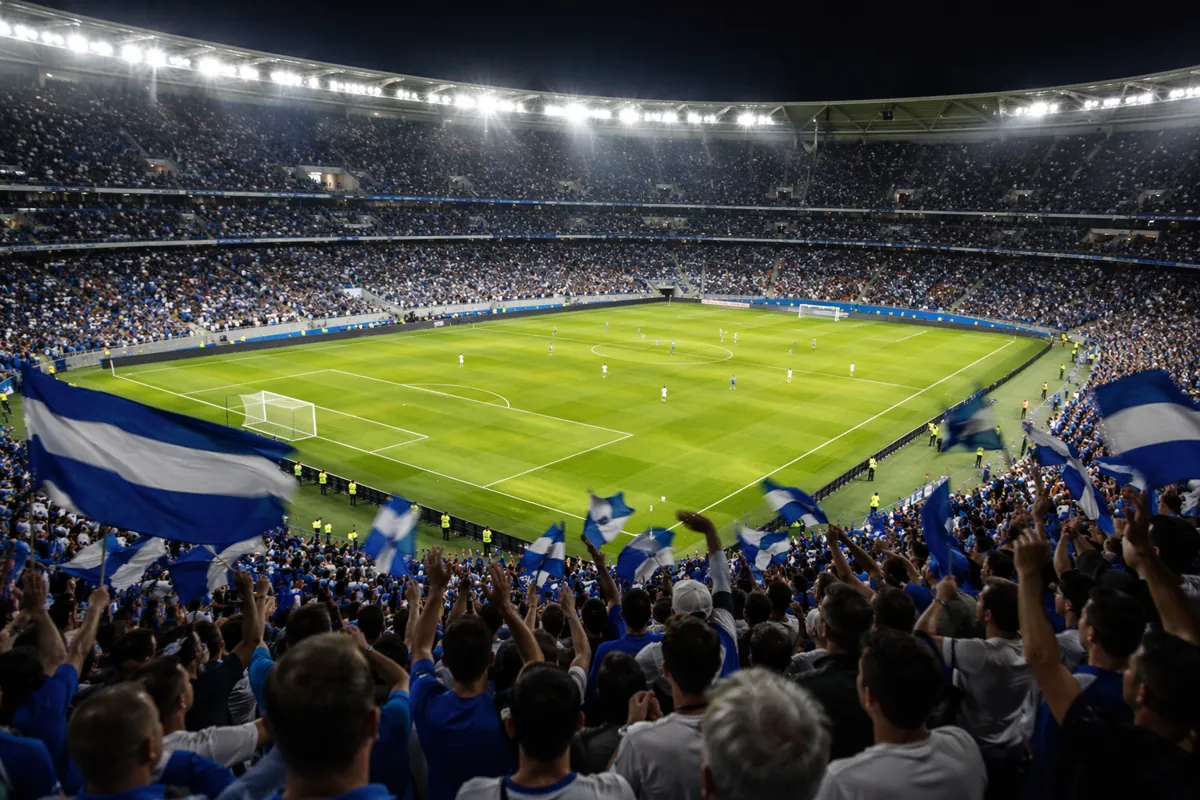 Wide shot of a professional football stadium during an international friendly match, blue